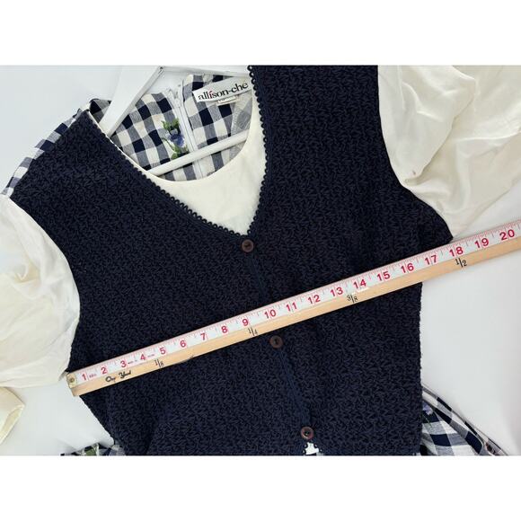 Allison Che Vintage Dress Womens 16 Blue White Check Print Maxi Vest Ruffles - Picture 14 of 16